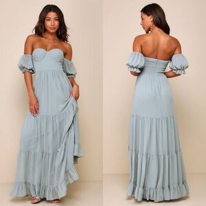 NWT Lulus Exceptionally Gorgeous Sage Chiffon Off-the-Shoulder Maxi Dress